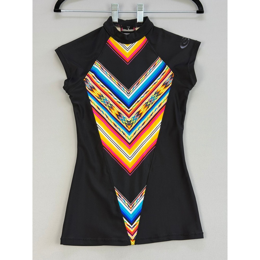 Rip Curl Womens Rash Guard Black Multicolor Chevron Strappy Back Short Sleeve S